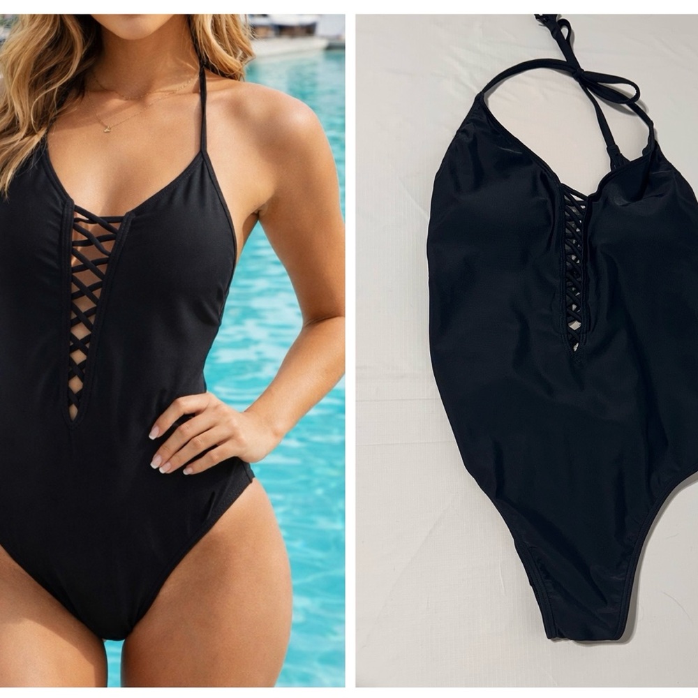 HOLLISTER Black Lace Up Halter One Piece Swimsuit Plunge Resort Beach